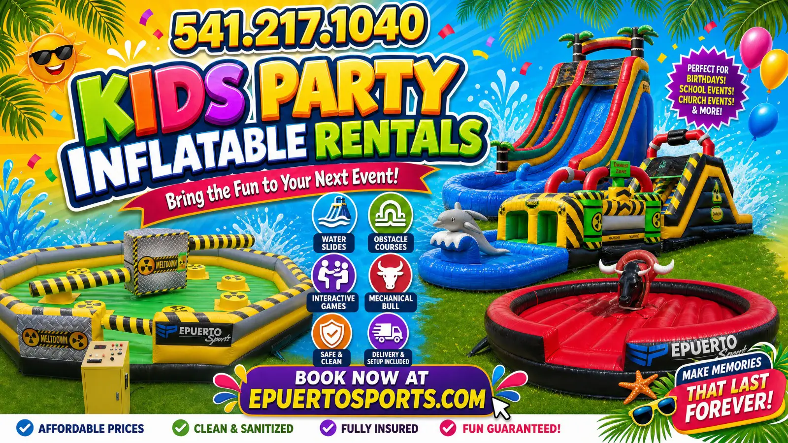 Colorful outdoor inflatable rental ad for kids parties featuring slides, obstacle courses, and a bouncy arena; promotes E Puerto Sports.