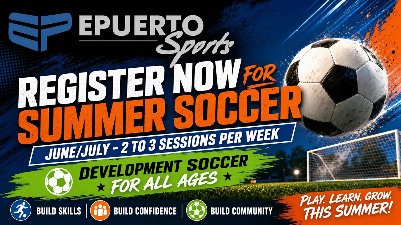 Promotional banner promoting summer soccer registration: big 'REGISTER NOW FOR SUMMER SOCCER', develops for all ages, with soccer ball and goal imagery.