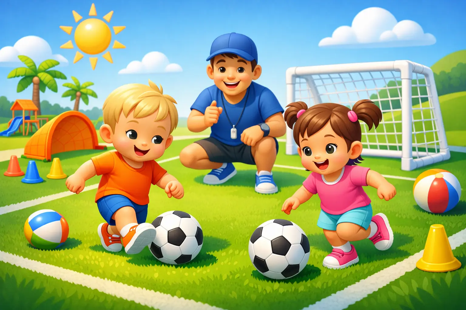 Three kids play soccer on a sunny field with a coach in blue giving a thumbs up, soccer balls at their feet, goal in the background
