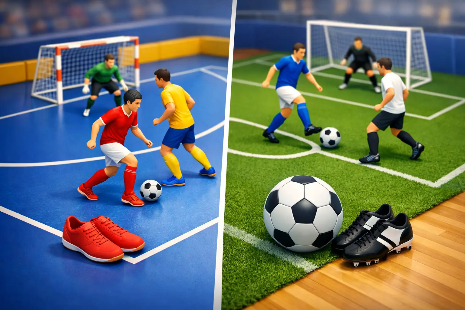 Split image: left indoors with red- and yellow-team players on a blue futsal court and red shoes in the foreground; right outdoors on green turf with a ball, players, and black-and-white cleats near a goal.