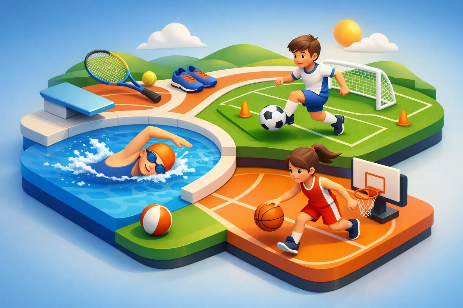 Colorful sports-themed playground with a swimmer, a soccer player, and a basketball player on stacked, curved platforms.