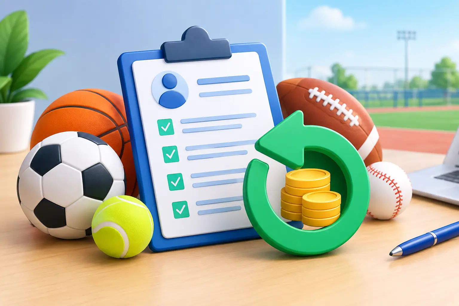 Clipboard checklist surrounded by a basketball, soccer ball, tennis ball and other gear with a green circular arrow and coins on a desk.
