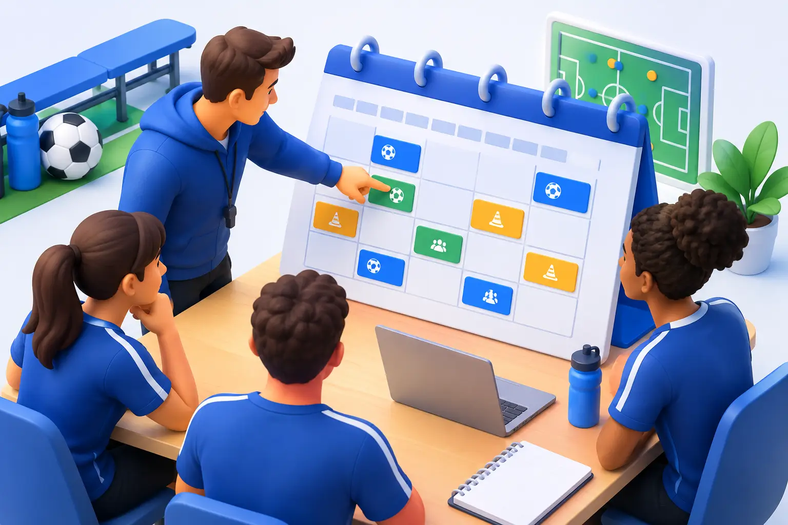 Coach pointing at a large weekly planning calendar as teammates discuss game and drill icons on a table-top board in a sports classroom setting