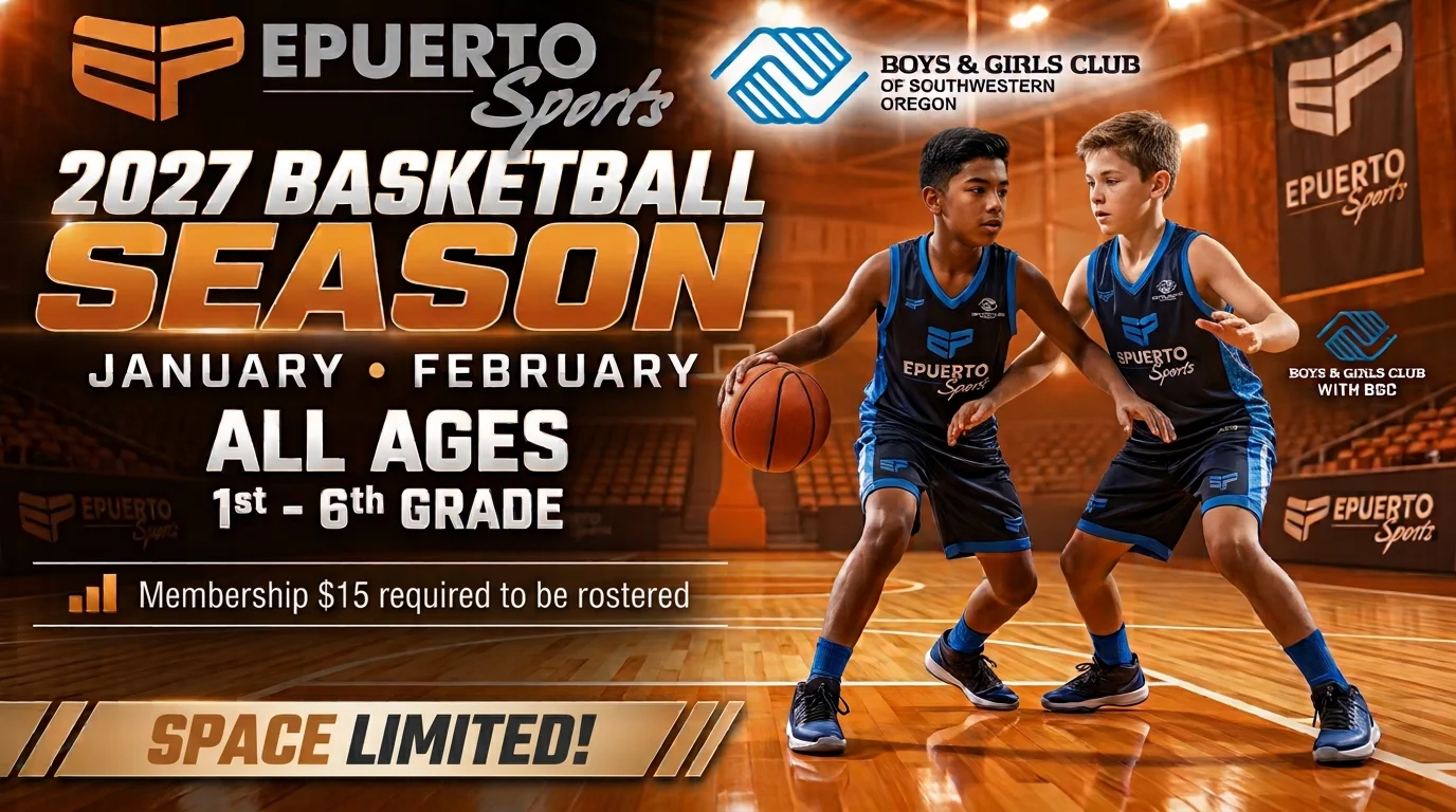 Promotional basketball poster for 2027 season by Epuerto Sports and Boys & Girls Club: two young players in blue uniforms dribble on a gym floor; announces January–February, all ages 1st–6th grade, membership $15, space limited.