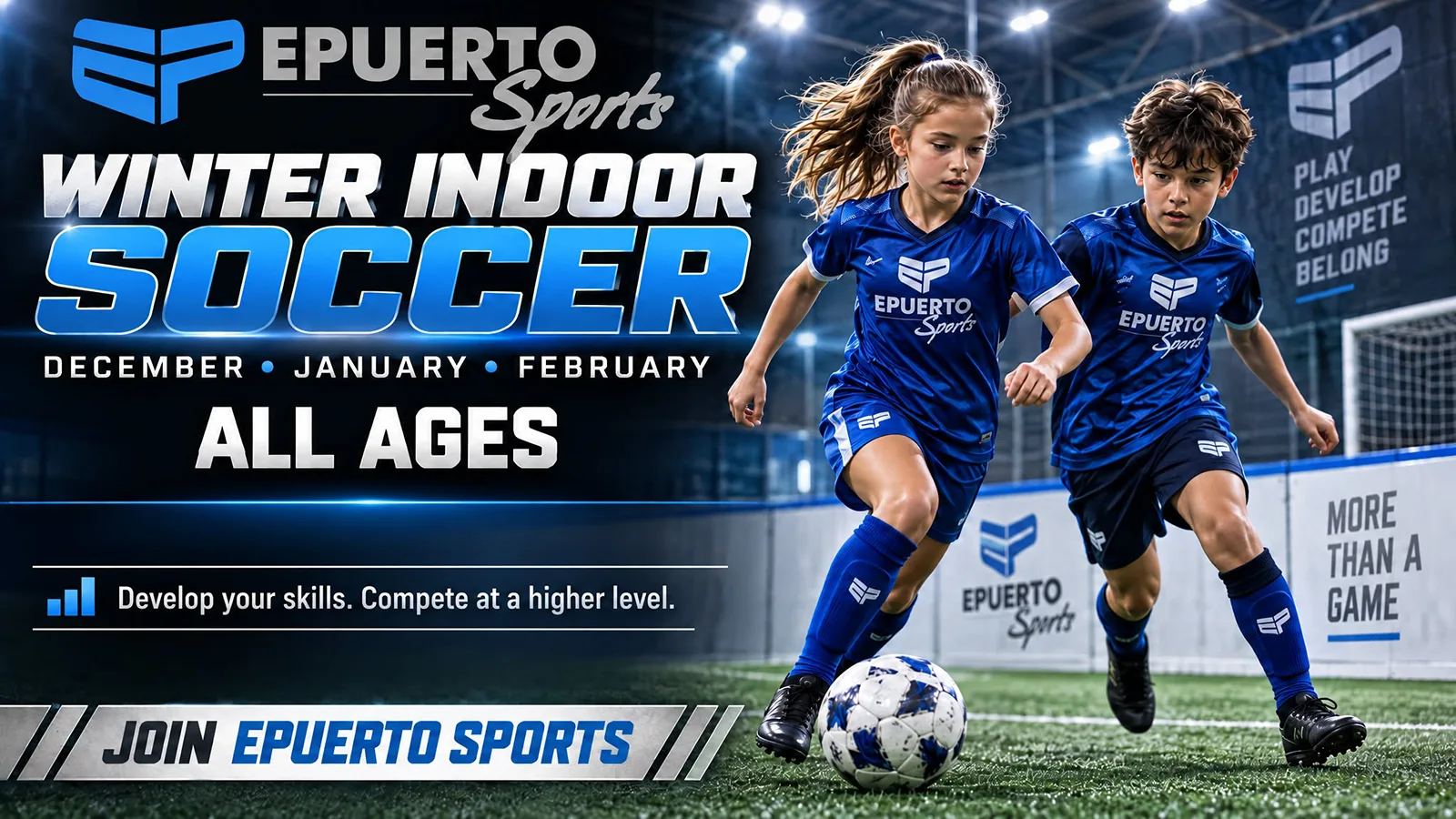 Promotional banner for Epuerto Sports: winter indoor soccer for all ages, featuring two kids in blue uniforms chasing a soccer ball indoors at night.