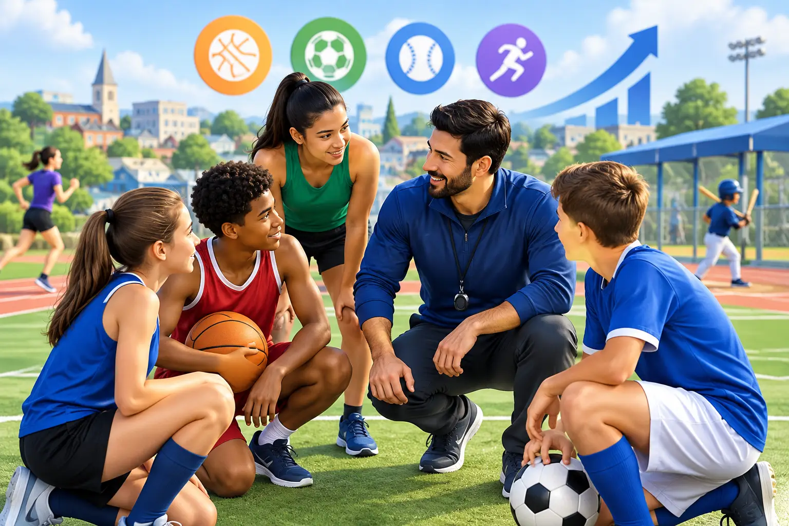 Coach kneeling to talk with a diverse group of young athletes during an outdoor practice on a sunny field, with a basketball and a soccer ball visible.